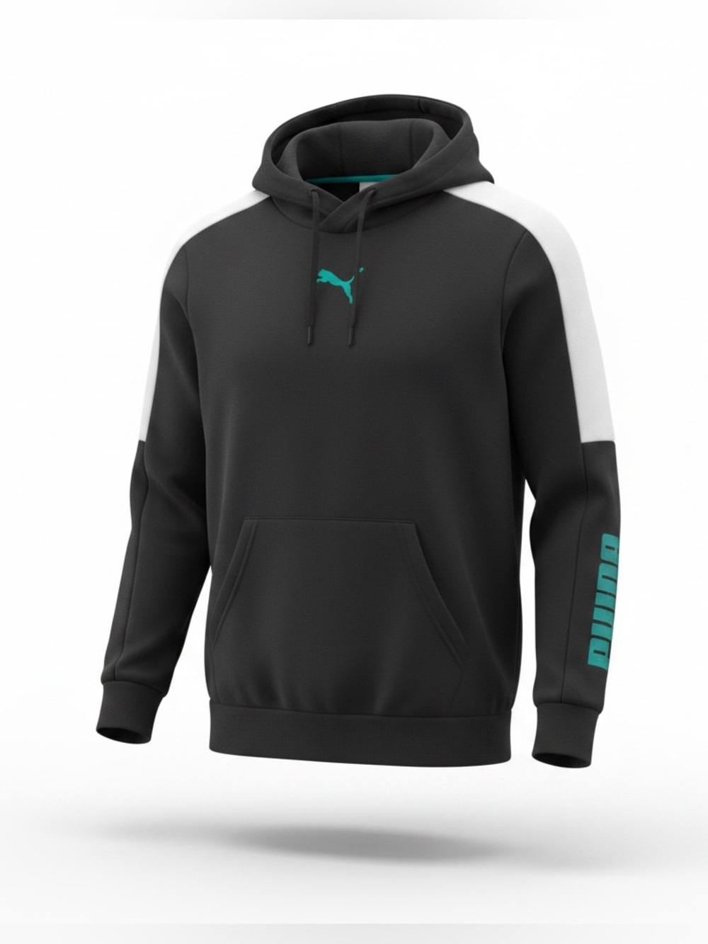 Puma Black Hoodie with White Shoulder Panels and Teal Logo